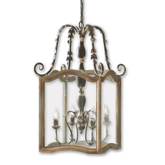 32 Inch Rustic Cream Wood & Metal Lantern Chandelier (4 Bulbs)