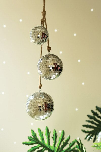 Three Glass Disco Balls On Jute Rope