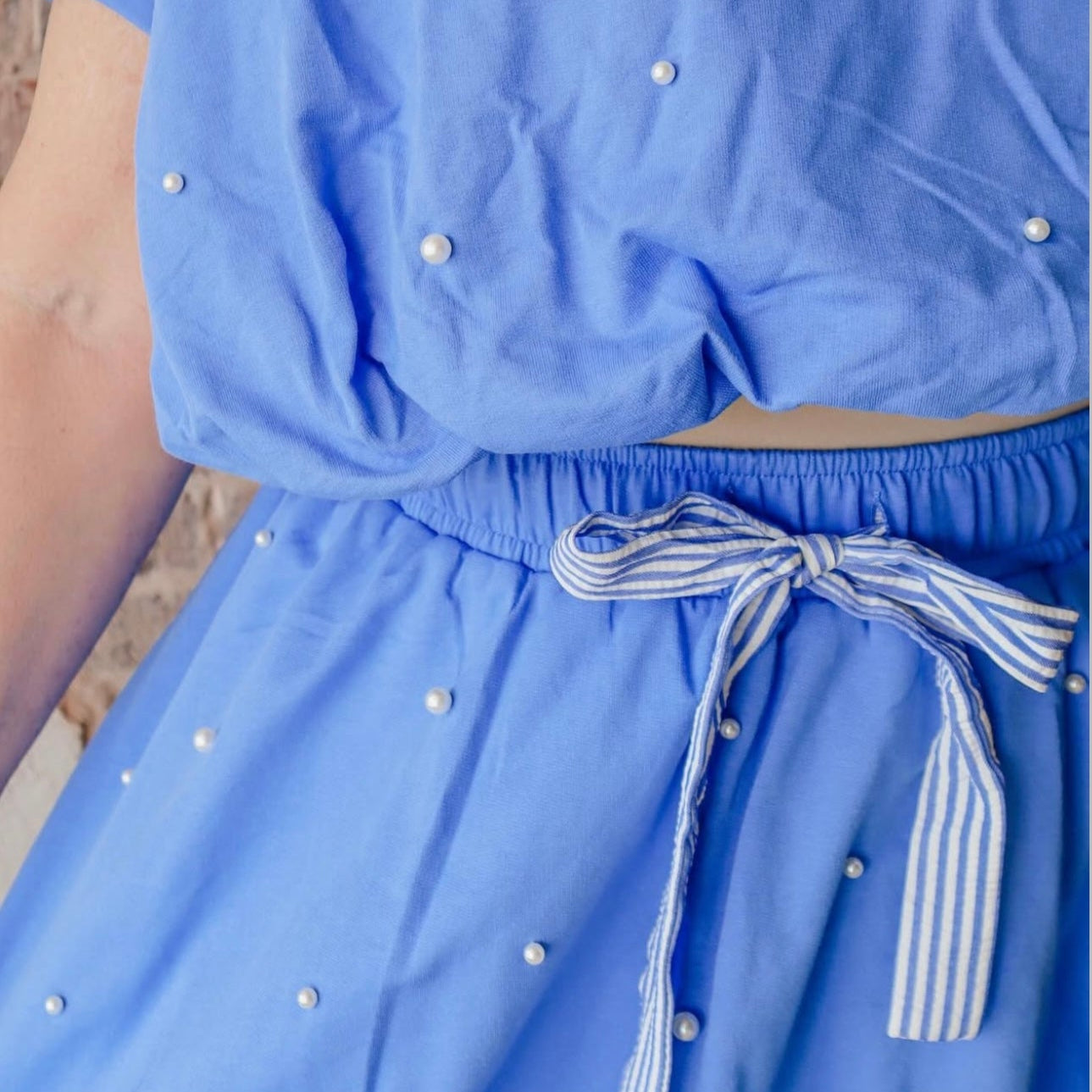 Blue Terry Pearl Cropped Bubble Top