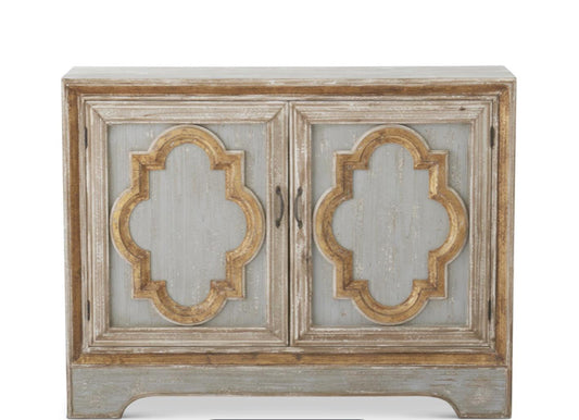 47.25 INCH WEATHERED BLUE & GOLD QUATREFOIL 2 DOOR CABINET