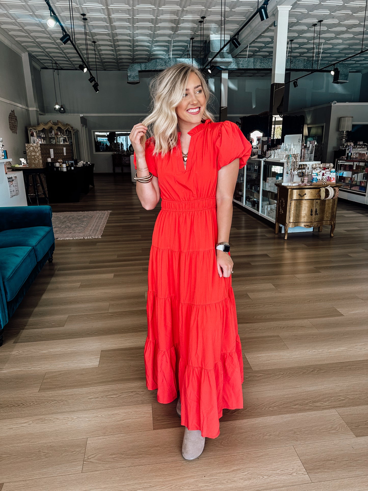 Collared Red Ruffle Dress