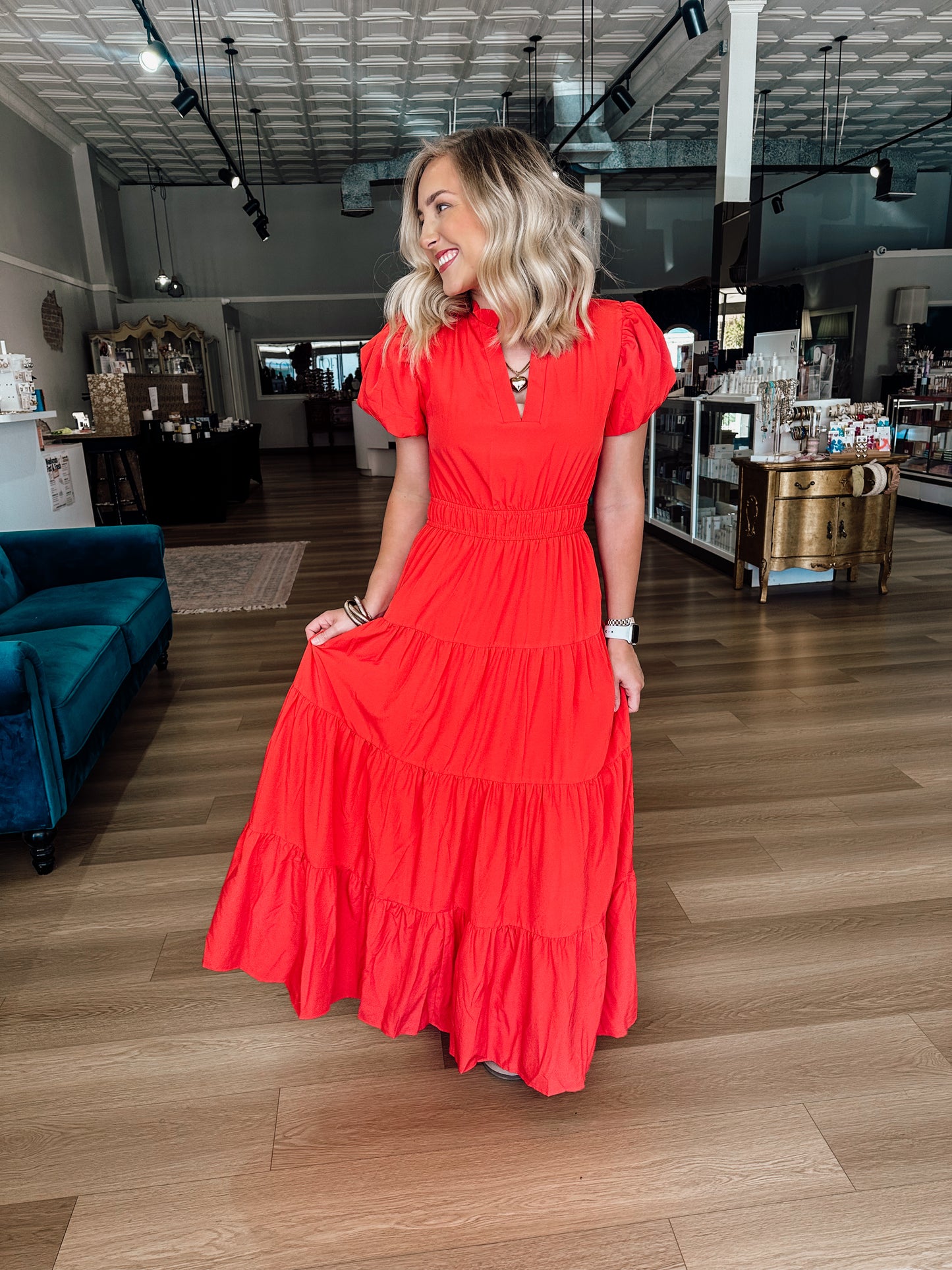 Collared Red Ruffle Dress