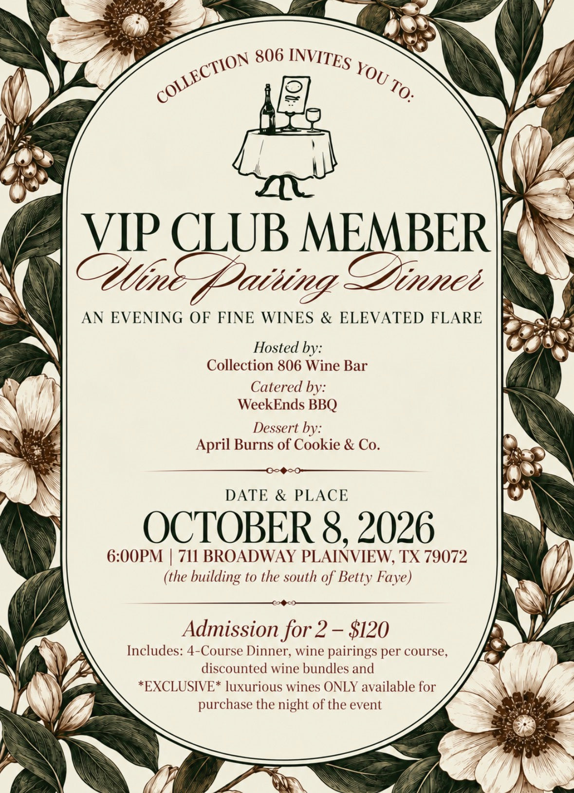 VIP Wine Club Dinner Pair of 2 Tickets