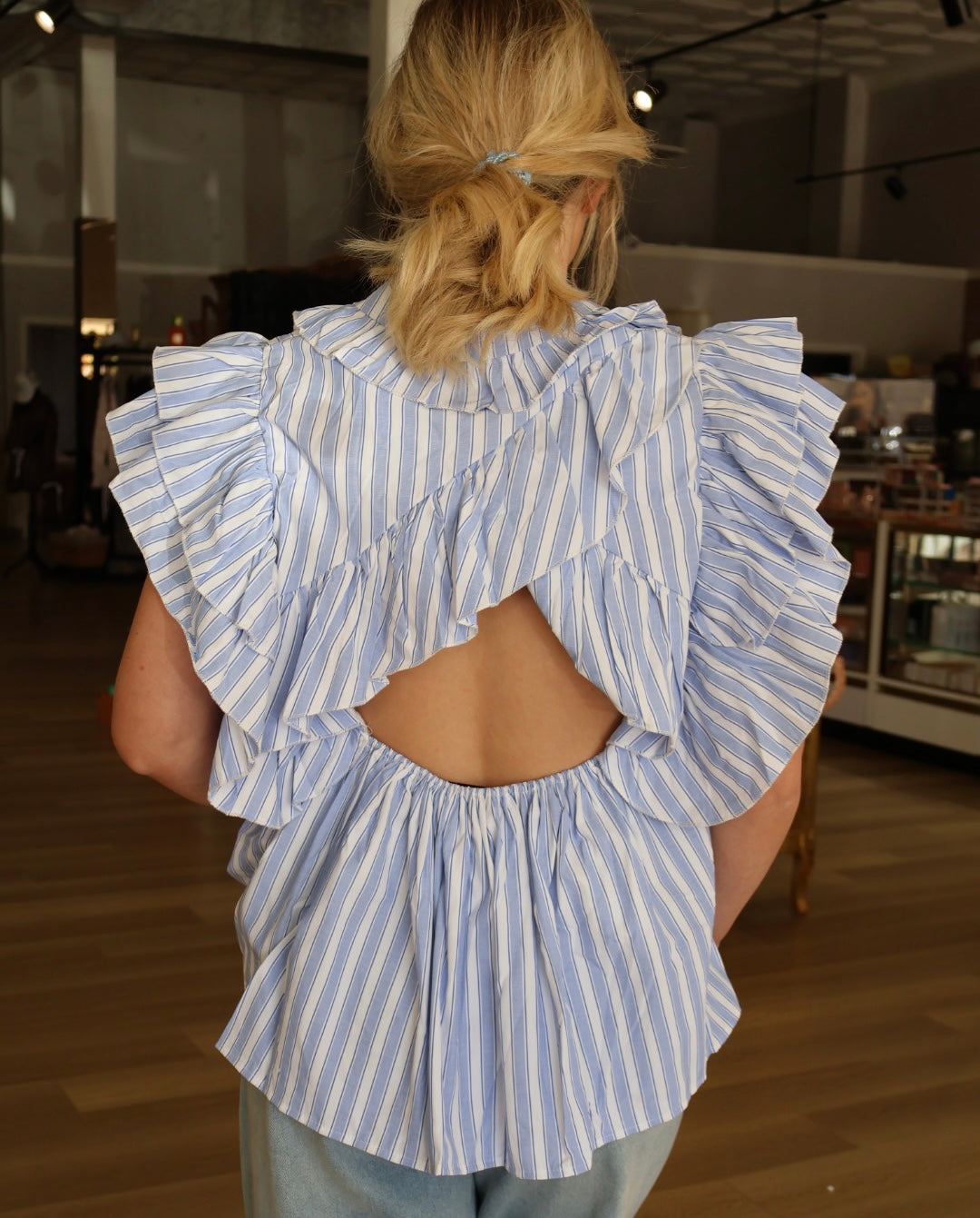 Spring Stripes Openback Ruffle Shirt