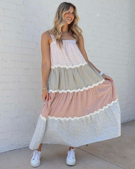 Check Mixed Tiered Maxi Dress