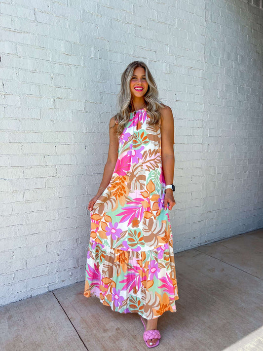 Floral Print Shoulder Tie Maxi Dress