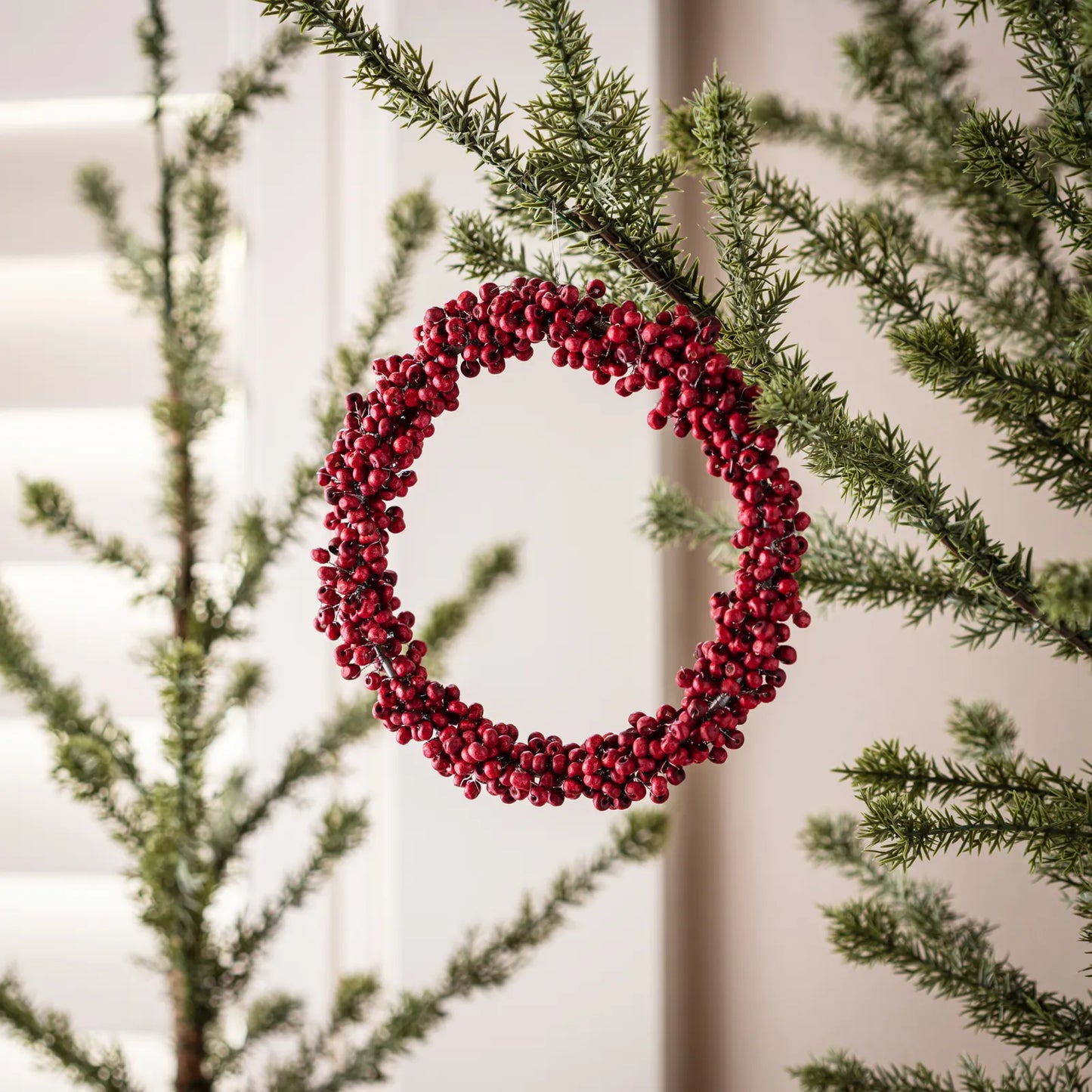 Red Wooden Bead Berry Wreath Ornament 7”